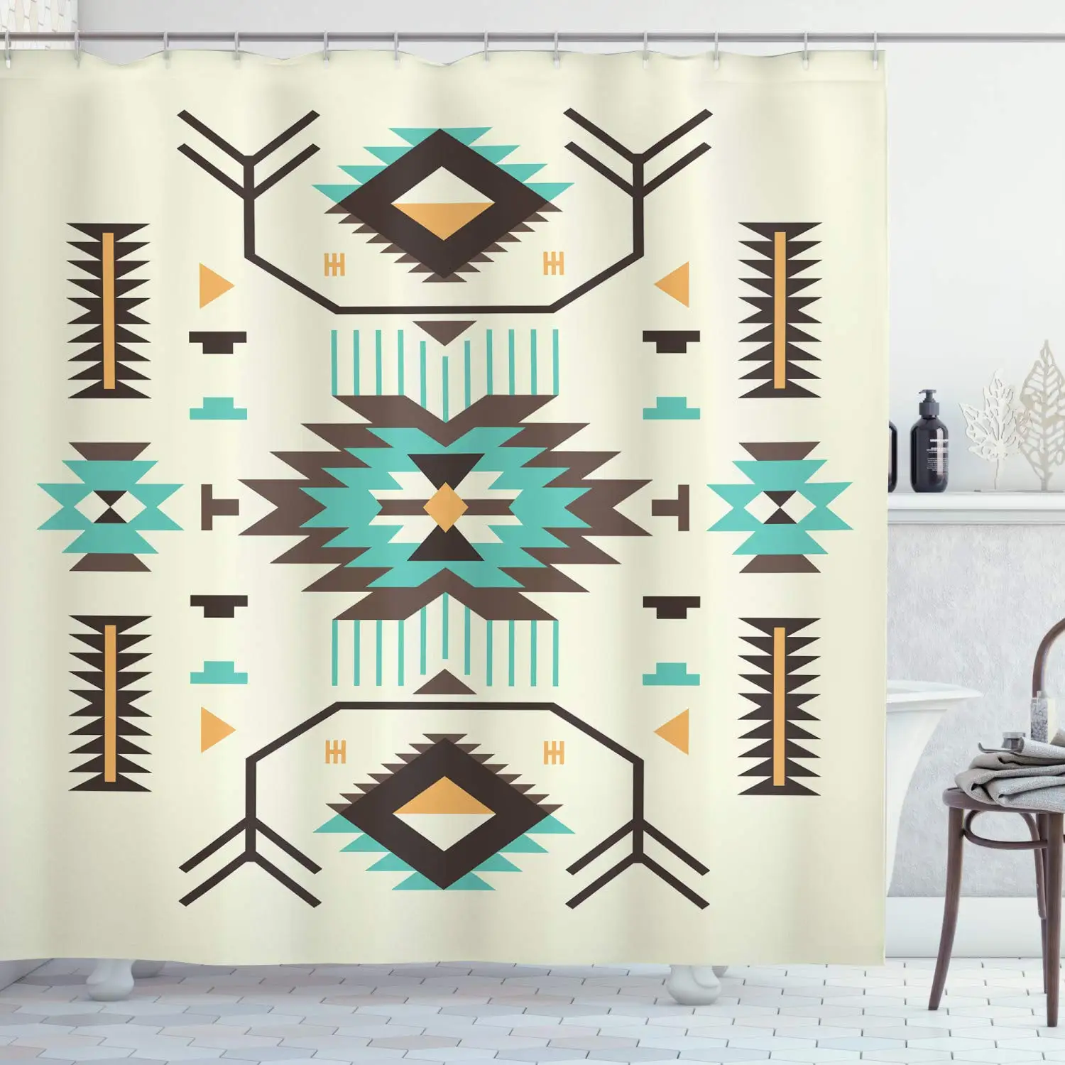 

Southwestern Shower Curtain,Ethnic Motifs Illustration of A Zigzags Design Drawing Printed Art for Bath,Fabric Bathroom Set,Hook