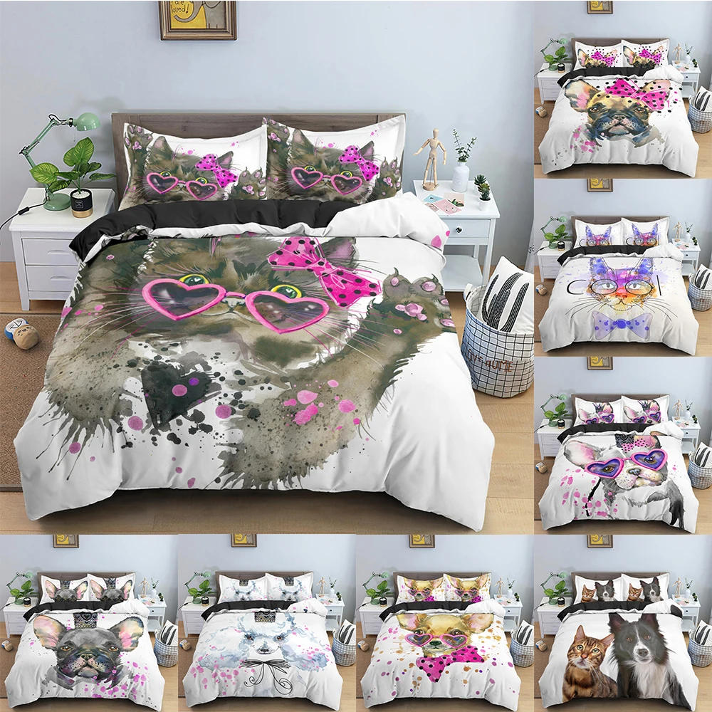 

Комплект постельного белья для домашних животных с мультяшными изображениями милых животных, пододеяльник, одеяло с рисунком, простыни, двуспальные размеры, пододеяльник с наволочкой, постельное белье