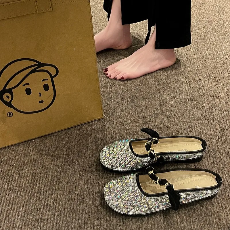 

2023 летние блестящие женские тапочки, модные женские туфли без шнуровки, повседневные уличные сандалии на мягкой подошве и плоской подошве, Тапочки