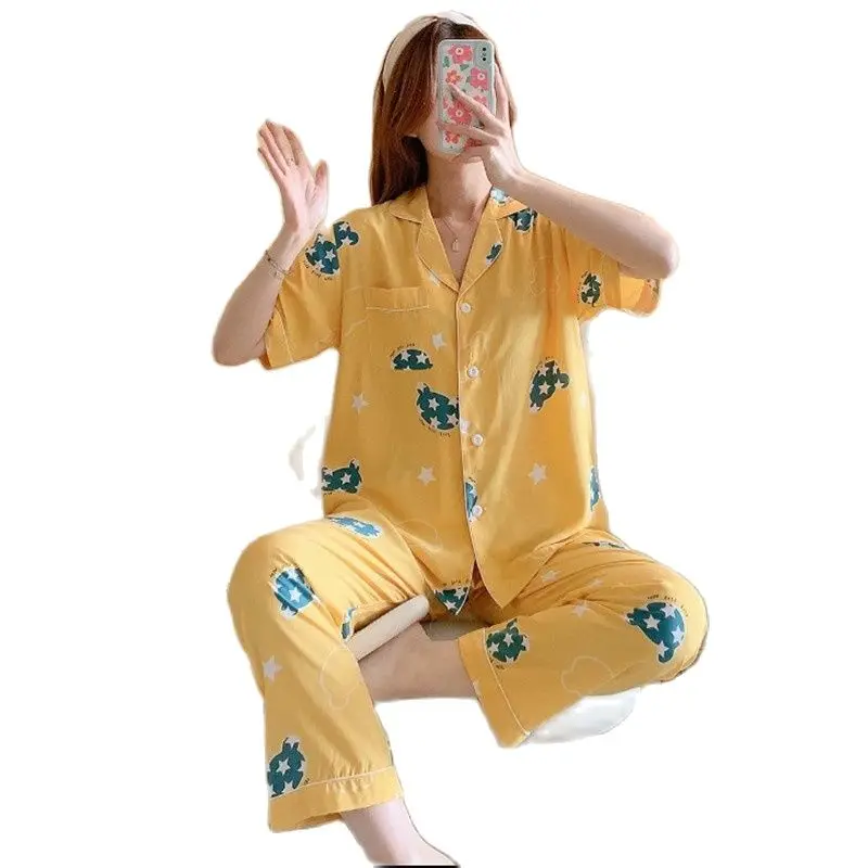 Ladies Sleepcoat Spring Autumn Cotton Silk Short Sleeve Cardigan Trousers Women Lounge Pajamas Set