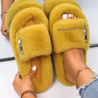 women winter warm zipper chain home fur slippers shoes sandals fluffy cross strap fashion footwear indoor fur slides