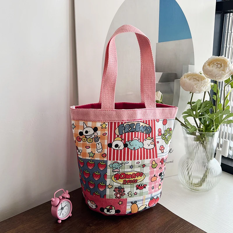 Lovely Printed Hand Canvas Bag Korean Version Girl Bento Bag Folding Design Students Versatile Work Small Cylinder Hand Bag M515