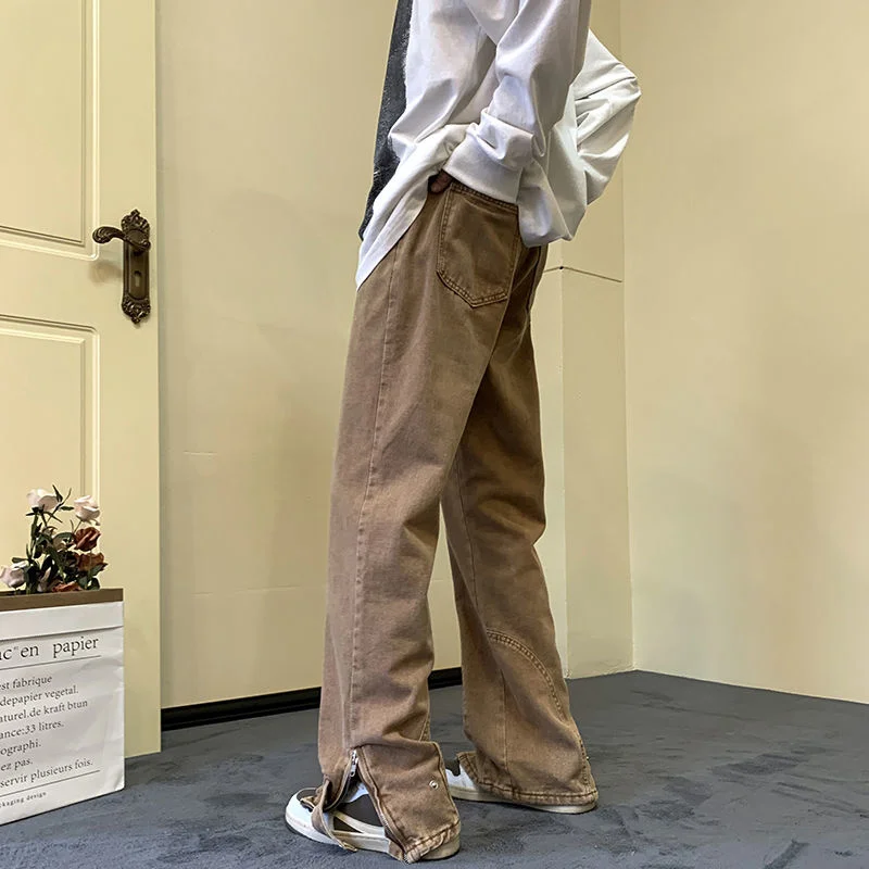 Brown Baggy Jeans Men Fashion Casual Loose Straight Jeans Men Japanese Streetwear Hip Hop Zipper Denim Pants Mens Trousers S-3XL