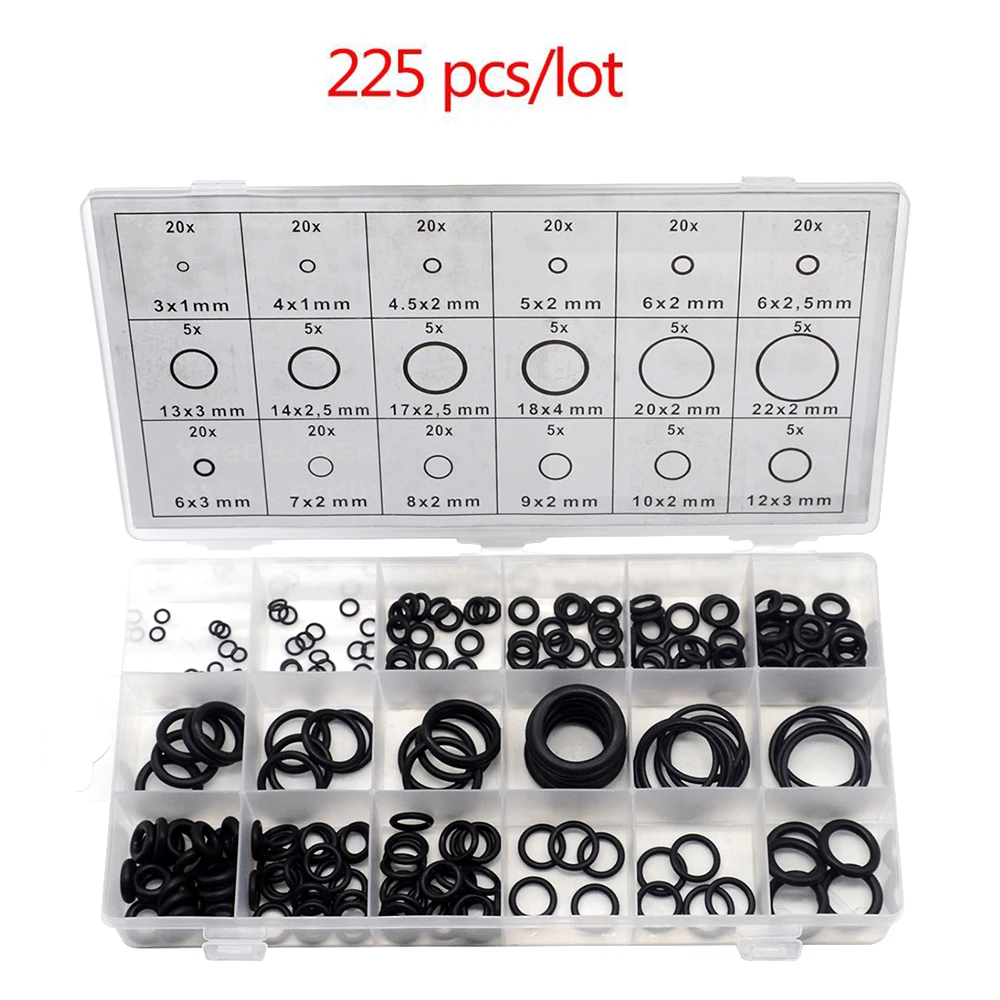 

225pcs/lot Black Rubber O Ring Assortment Washer Gasket Sealing O-Ring Kit 18 Sizes With Plastic Box
