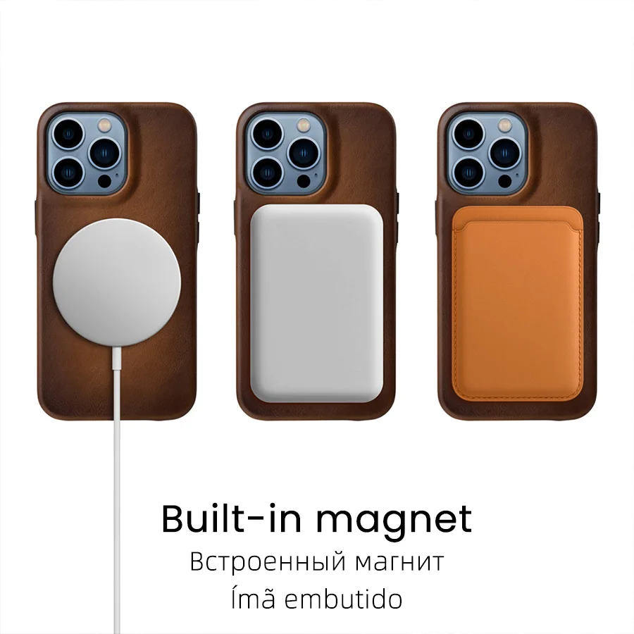 YMW Handmade Case for iPhone 13 14 Pro Max Plus Magnetic Oil Wax Genuine Leather Luxury Business Retro Pull-up Cow Phone Cover
