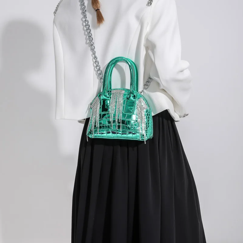 Shiny Tassel Shell Bags for Women 2023 New Patent Leather Stone Grain Shoulder Bag Woman Diamonds Fashion Party Luxury Handbags