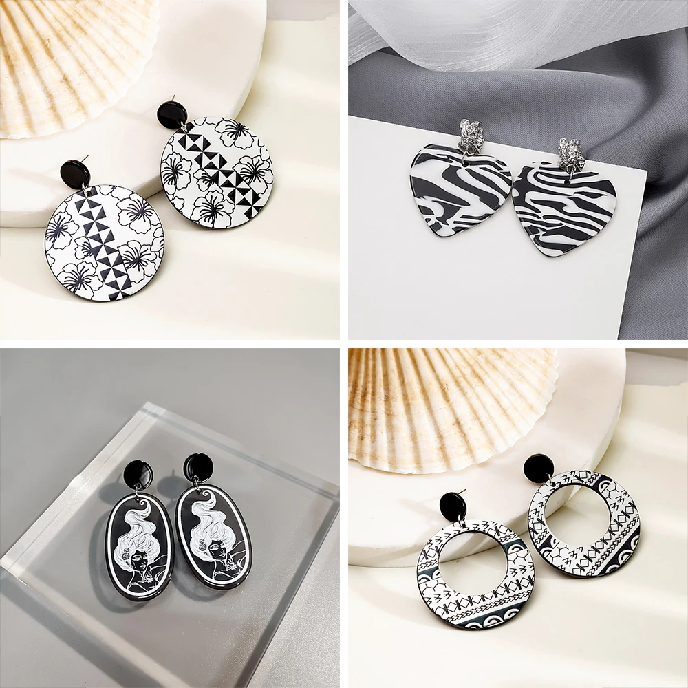 

1Pair Lady Vintage Black And White Acrylic Geometric Round Oval Dangle Drop Earrings Heart Shape Zebra Pattern Ear Jewelry Gifts