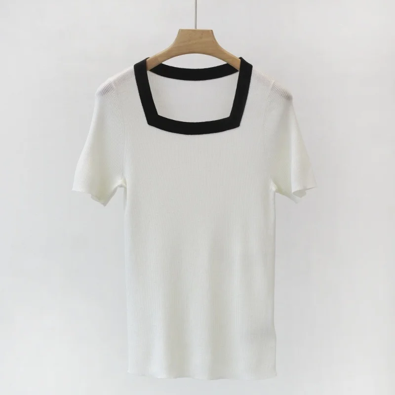 

Spring/Summer Pure Wool Short Sleeve Slim Fit Thin Square Neck Knit Sweater