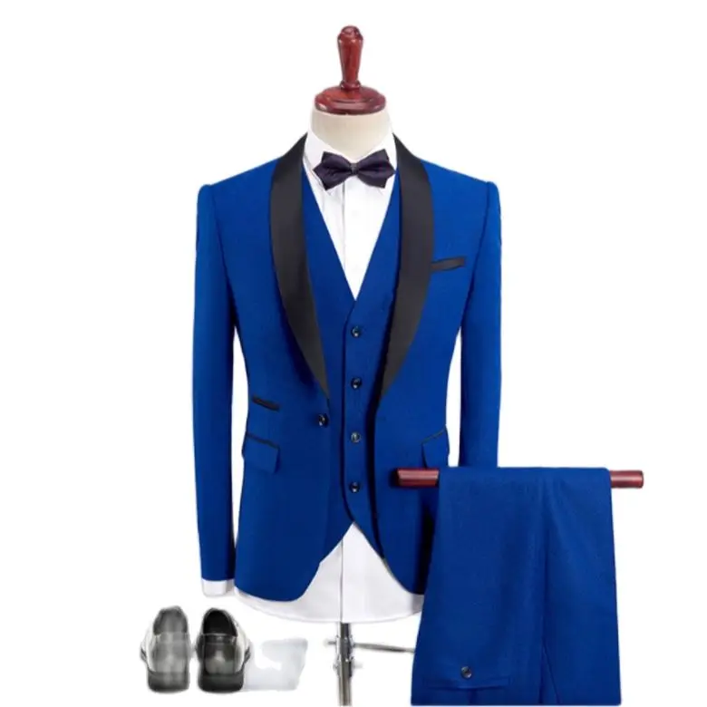 

Lansboter Blue Man Suit for Wedding Evening Party Satin Shawl Lapel Classic Jacket Slim 3Piece Fit Formal Tuxedos Custom Blazer