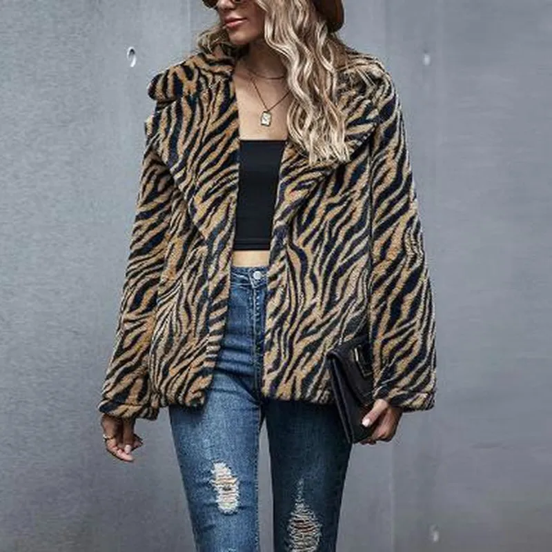 2020 Latest Coat Fashion Women's Top Tiger Print Long Sleeve Lapel Stand Collar Autumn and Winter Jacket Casual Wear