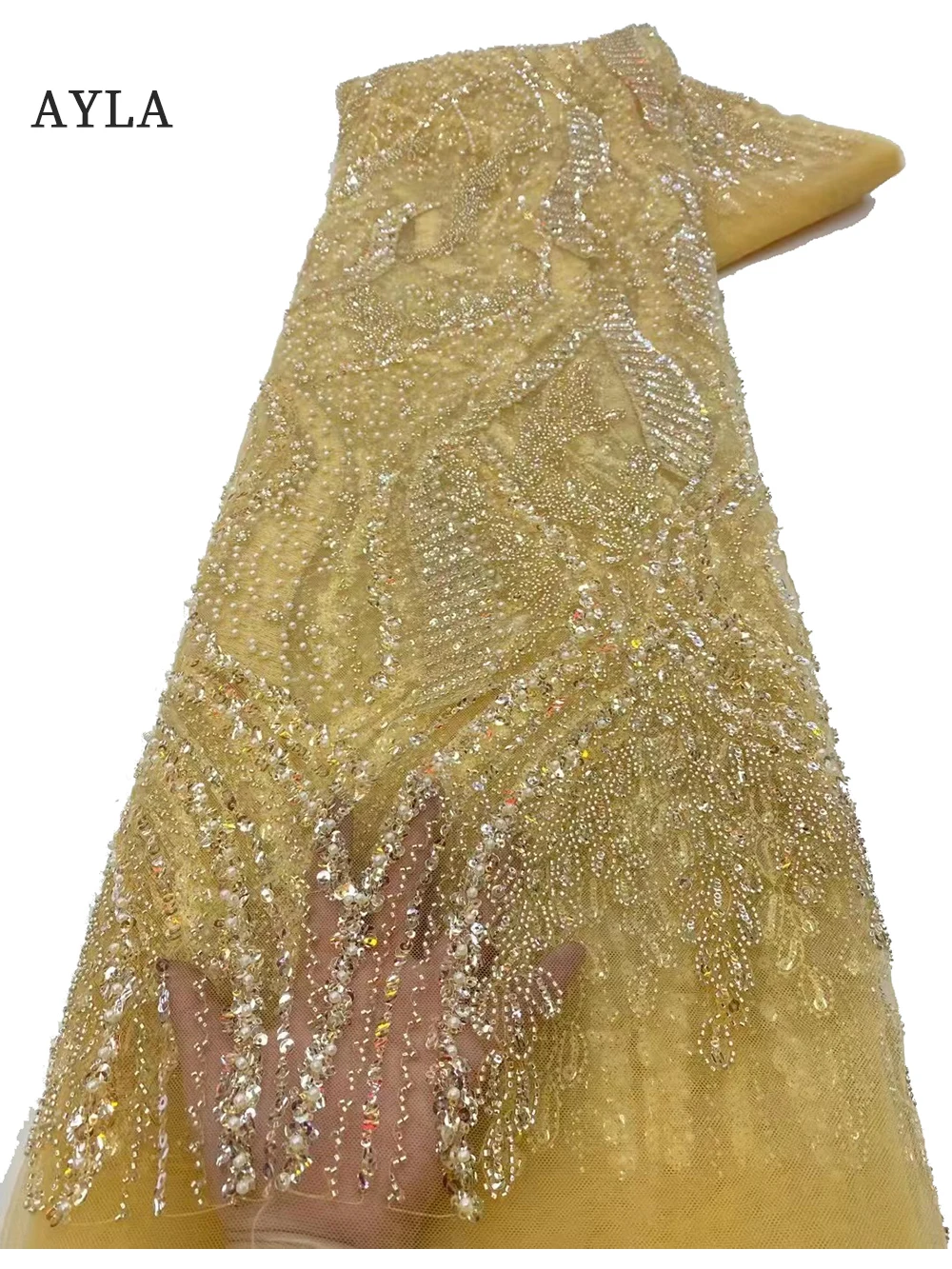 

New Handmade Pearl Beads Lace High Quality African Beaded Lace Fabric Embroidery French Tulle Net Lace for Wedding Bridal Sewing