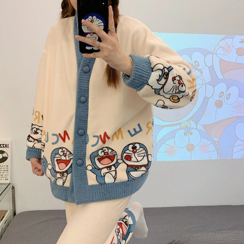 Women Winter Flannel Warm Cardigan Cute Cartoon Pajamas Suit Long Sleeve Home Sleepwear Coral Fleece Thicken Pajamas Sets