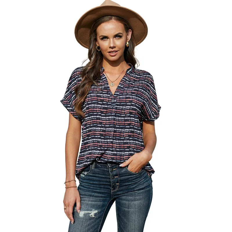 CYDNEE  Fashion Chiffon Shirt Female Summer New Style Color Stripe Pattern V-neck Short-sleeved Ladies Shirt