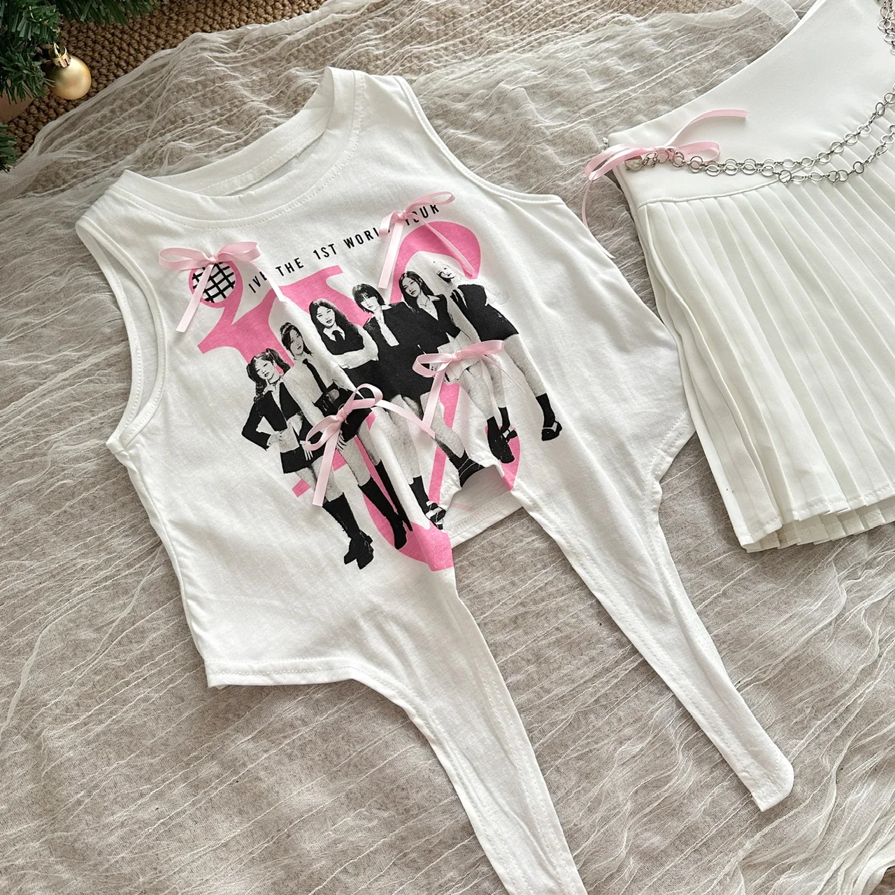 Летний женский милый костюм Zhang Yuanying белый жилет с принтом Женский бандажный