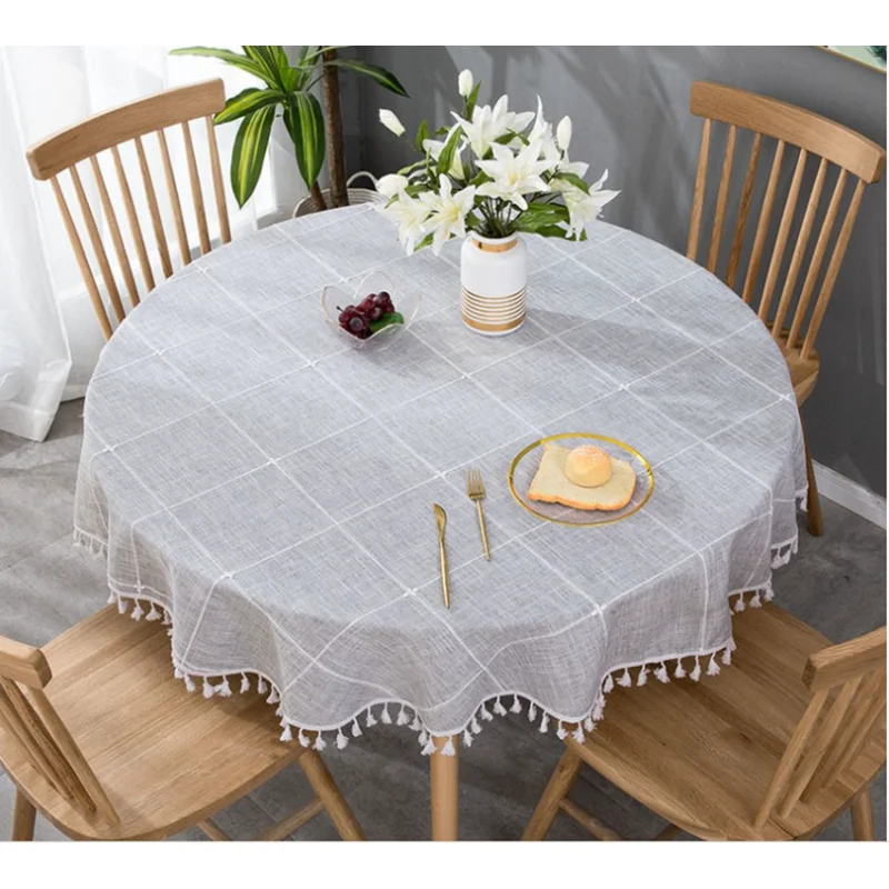 

Checkered Cotton Linen Round Handmade Tassel Tablecloth Thick Antiskid Dustproof Table Cover High Quality Pastoral Desk Covers