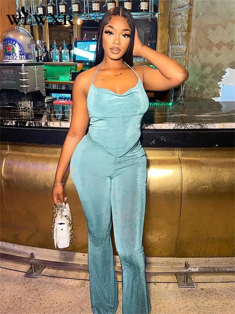 

WLWXR Summer Sexy 2 Two piece Set Outfits Tracksuit Women Sleeveless Halter Crop Top Flared Green Pants Suit Matching Sets 2022
