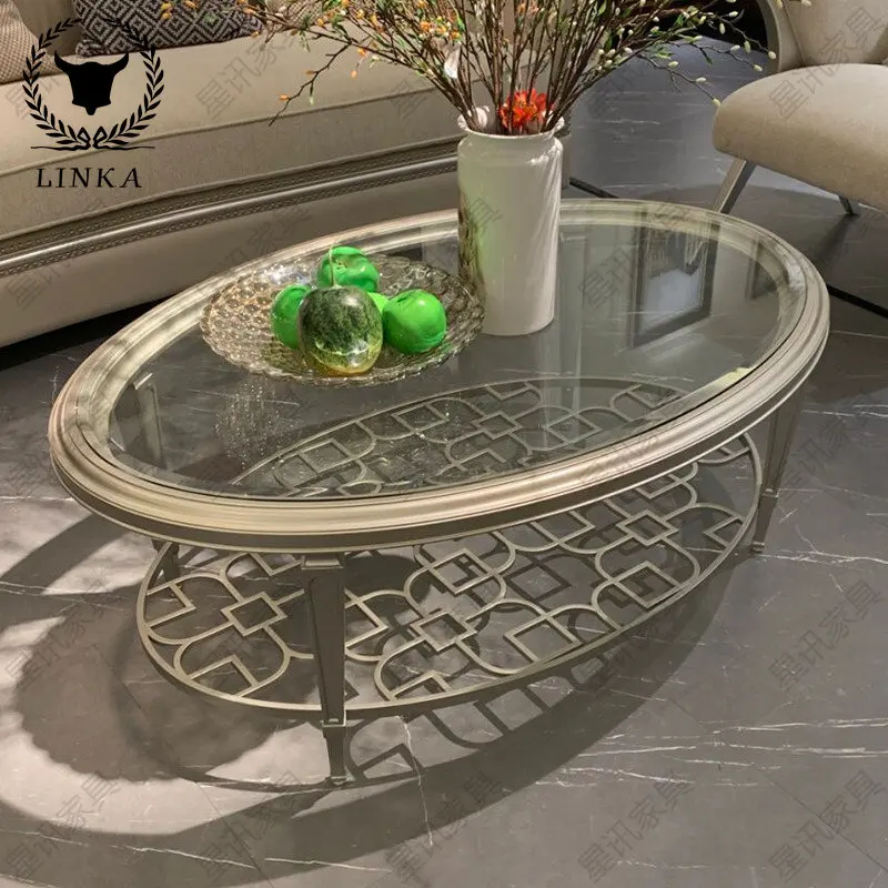 

Американский кофейный столик из твердой древесины для гостиной, искусственный роскошный Овальный вырезанный стеклянный кофейный столик