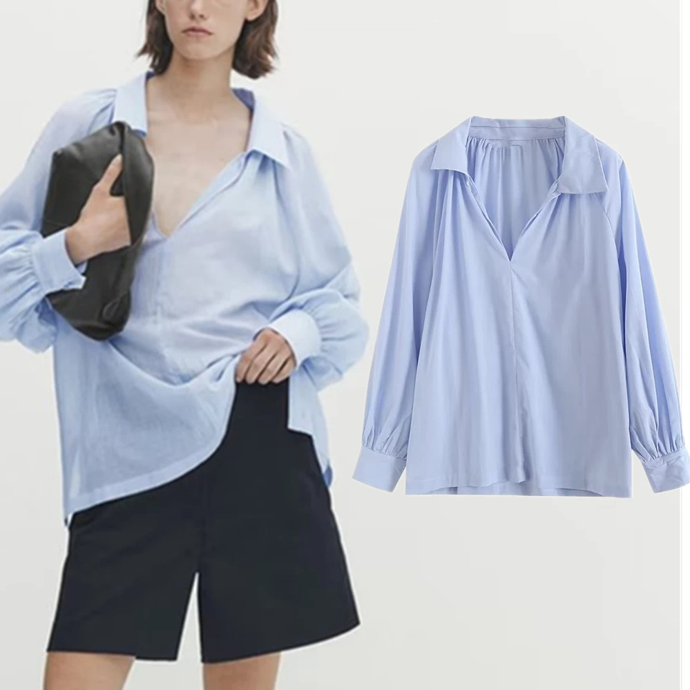 

Elmsk British Office Lady Cotton Elegant Casual Blouse Women Top Sky Blue Loose Pleated Fashion Loose Shirt Female