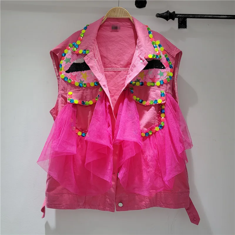 

Pink Denim Vest for Women 2022 Summer New Heavy Industry Sequins Mesh Ruffles Patchwork Loose-Fitting Waistcoat Lady Top