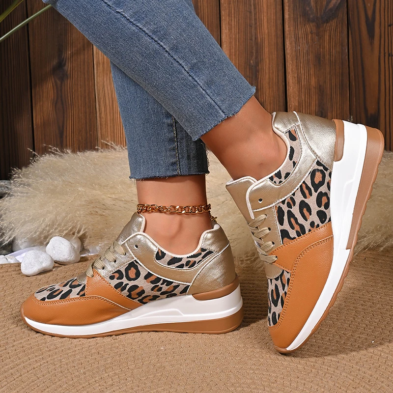 2025 Plus Size Leopard Print Sneakers Women Pu Leather Platform Sneaker Shoes Woman Comfortable Non Slip Lace Up Female