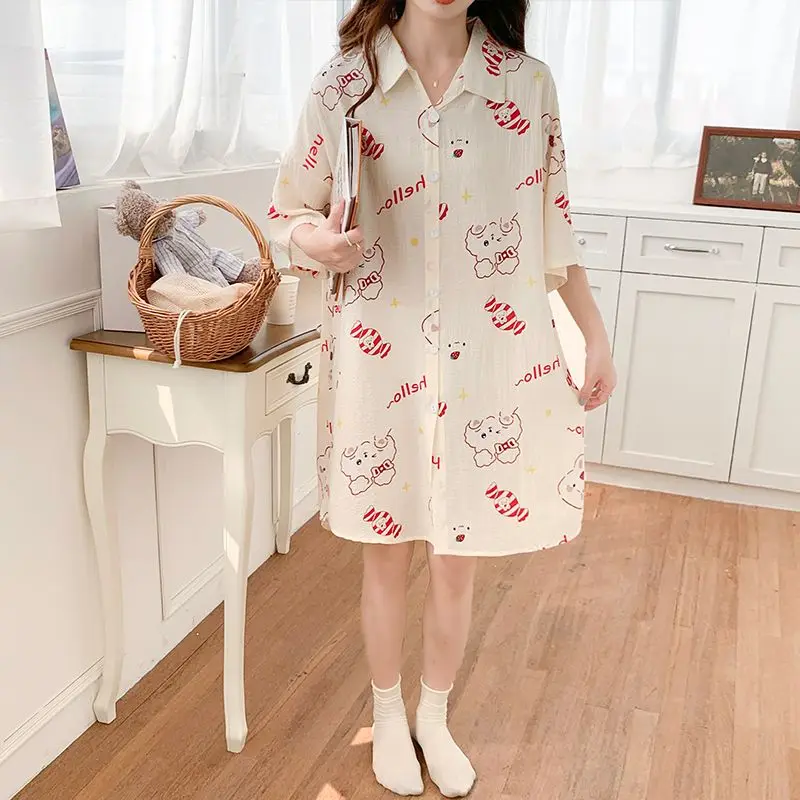 1 Cute nightgown female summer leisure big yards dress with short sleeves bubble cotton pajamas sleep long the shirt dress