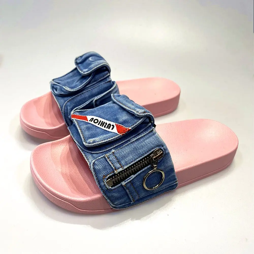 New Retro Soft Sole Denim Slippers Women Shallow Mouth Flat Round Toe Thick Bottom Slipper Open Toed  Casual Slip On Sandals
