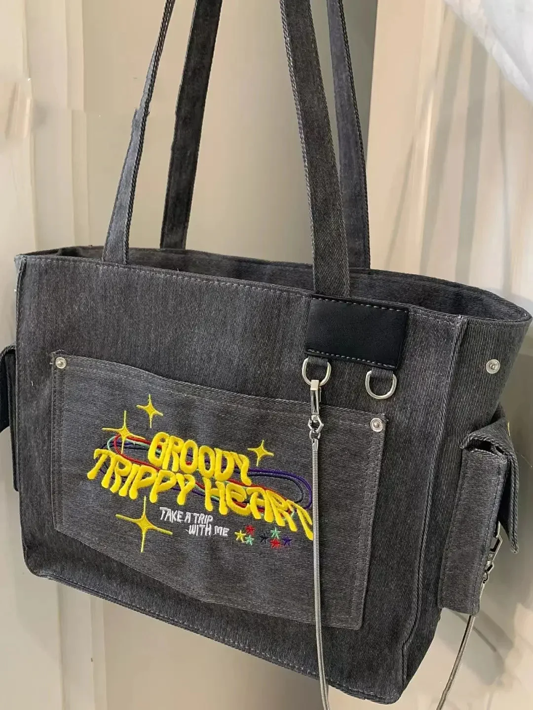 

Canvas Embroidered Letters Portable Retro Vintage Tote High Capacity Shoulder Underarm Bag Shopping Bag Woman Bag