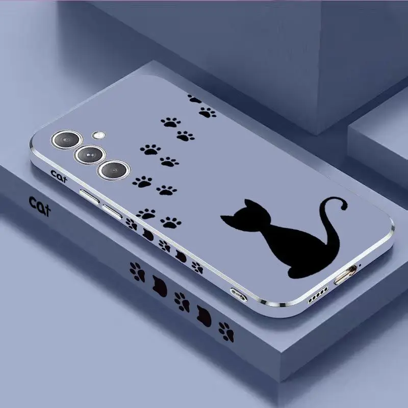 Cat Footprints Luxury Plating Phone Case For Samsung Galaxy A54 A34 A24 A73 A53 A04S A04E A72 A52 A52S Cover