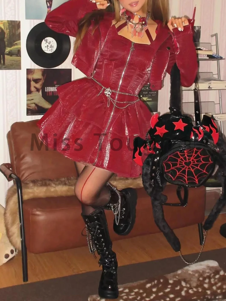 Французский кожаный красный комплект из 2 предметов на Хэллоуин женское короткое