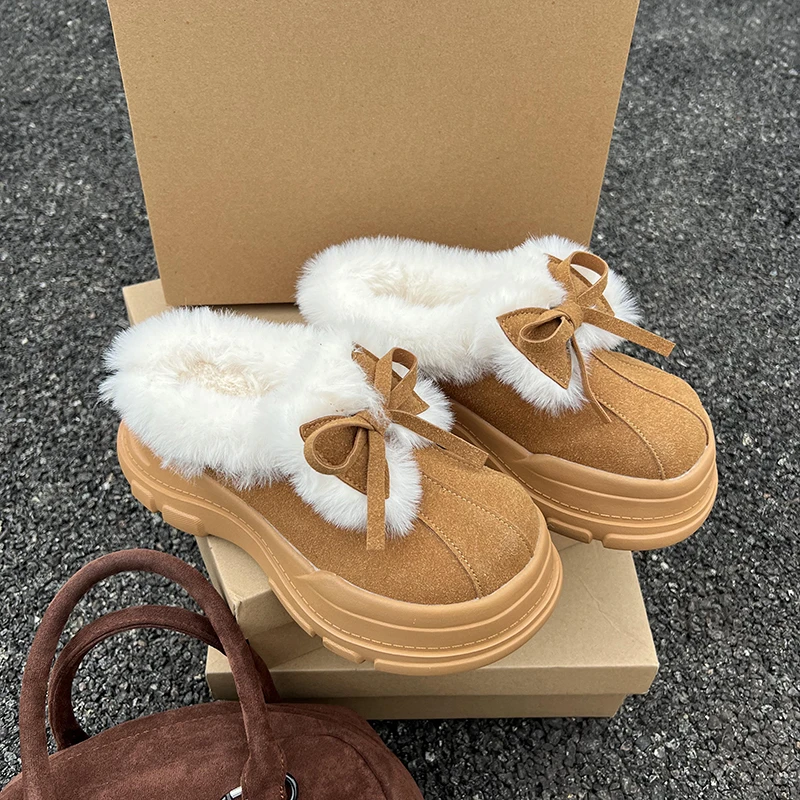 Женские зимние ботильоны на меху с бантом хлопковые тапочки платформе и плоской
