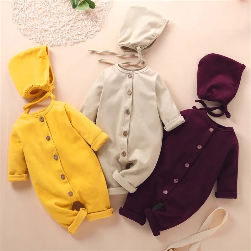 

Hibobi 2-piece Solid Jumpsuit & Hat for Baby Newborn Kids Girls Cotton Bodysuit