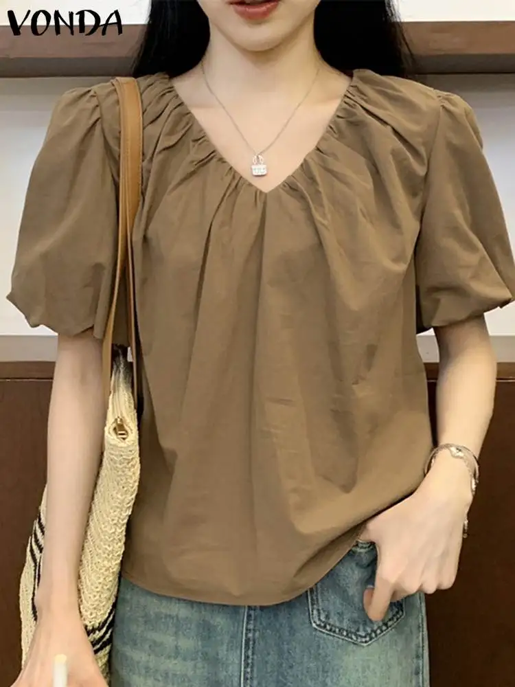 

Fashion Pleated Top 2023 VONDA Women Summer Blouse Sexy V Neck Casual Short Puff Sleeve Solid Color Blusas Femininas Loose Shirt