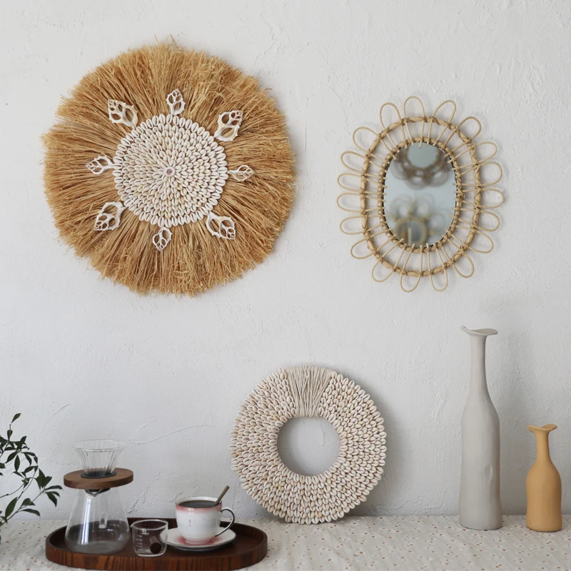 

Handmade rattan wall hanging mirror, wall decoration, electricity meter box, living room, bedside shell decoration