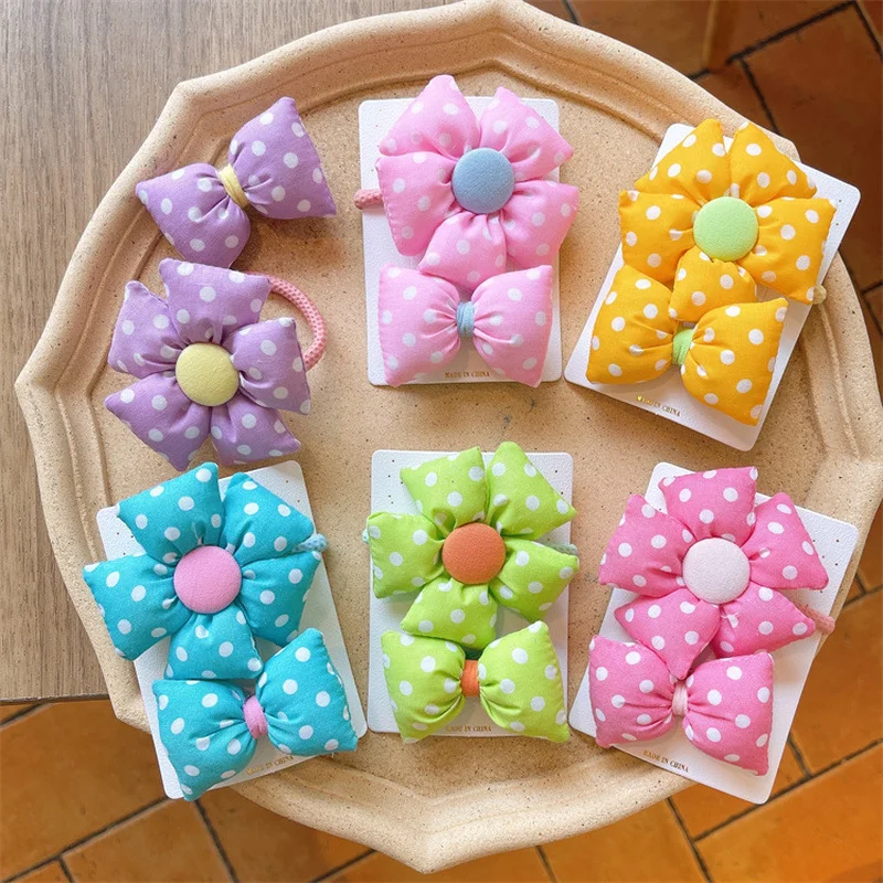 

New Fashion Children's Cotton Filling Bow Hairpins Sweet Girl Simple Beautiful Dot Fabric Flower Rubber Band Hair Rope Headwear