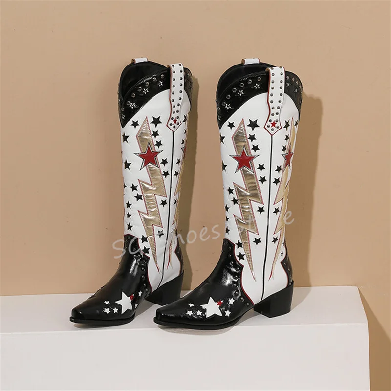 Женские ажурные ботинки со звездными заклепками Разноцветные длинные на