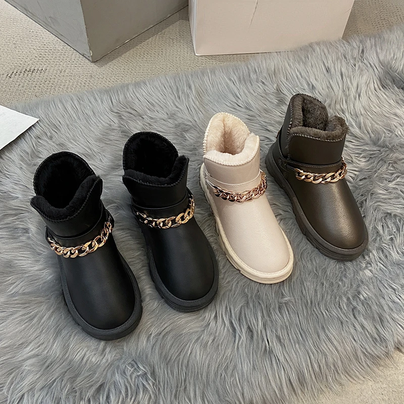 Non-Slip Snow Boots Women Shoes Woman Martin Boots Platform Metal Chain Warm Velvet Short Lattice Luxury Designer Beige Black