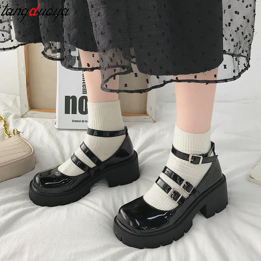 

Женские туфли в японском стиле Лолита JK черные готические утепленные Студенческие костюмы для косплея на высоком каблуке Туфли с круглым носком