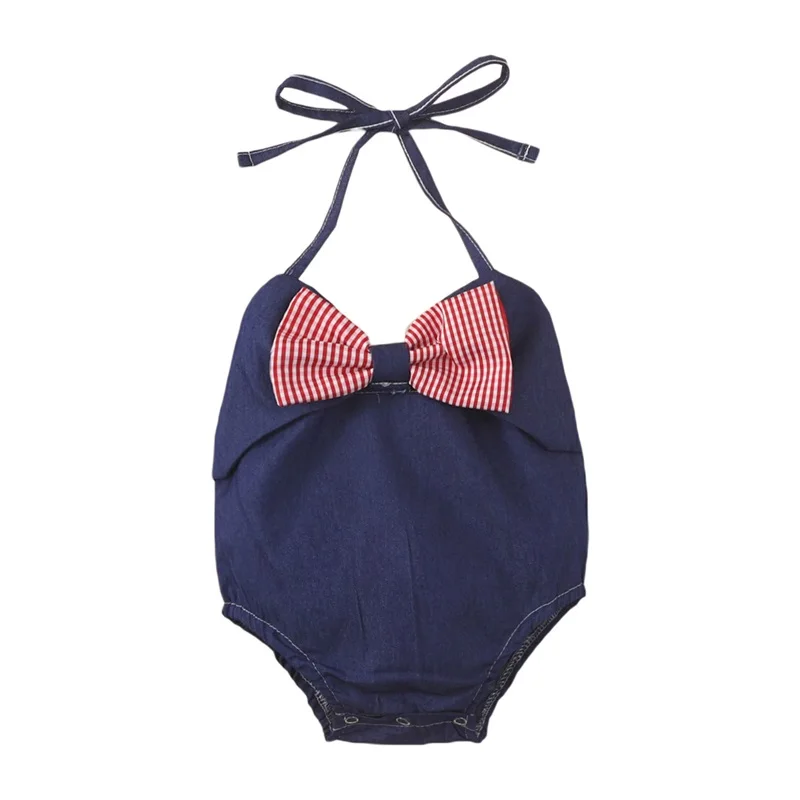 

Baby Girl\\u2019s Tie-up Halter Romper Fashion Stripe Bow V-neck Backless Denim Triangle Jumpsuits For Toddler Newborn Babies