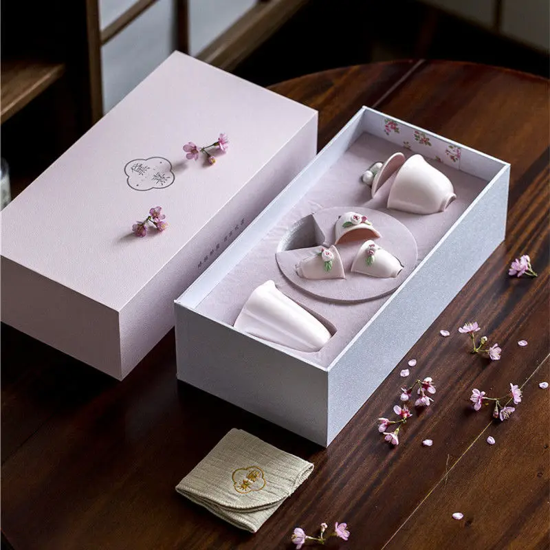 

Набор чайных чашек Gaiwan с розовым цветком ручной работы, керамические чайные чашки, чайные чашки с подносом, китайские зеркальные чайные наборы, розовый чайник, посуда, подарочная коробка
