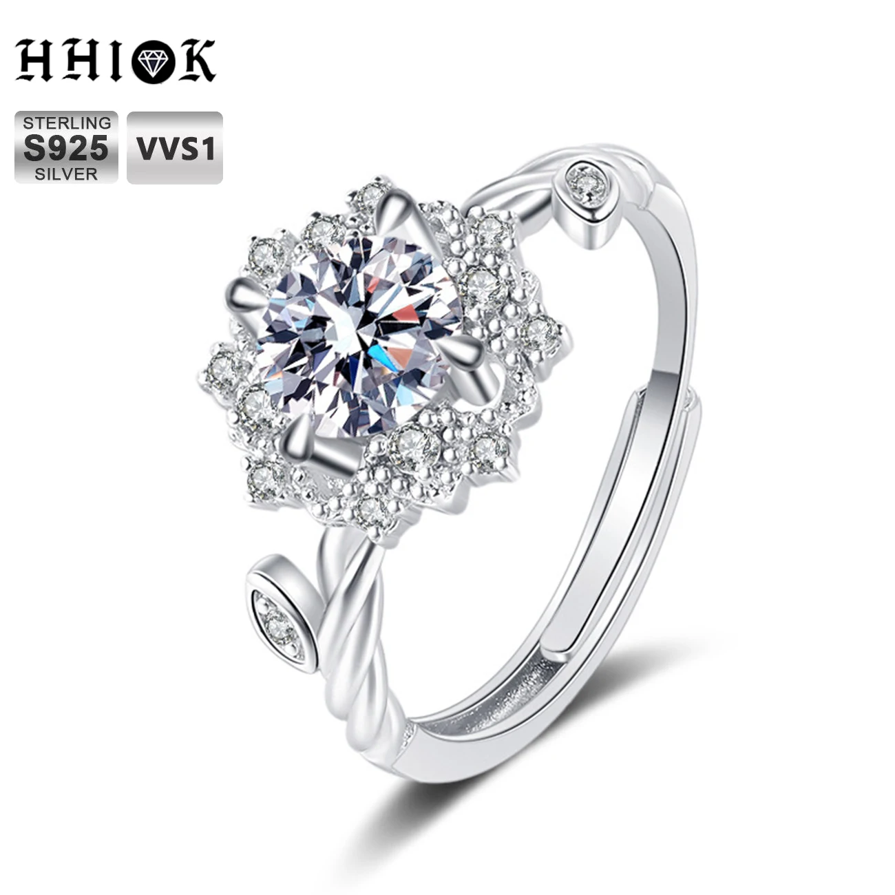 

HHIOK Fashion Dazzling S925 Sterling Silver Flower Mosan Stone Ring 1 Carat Opening Adjustable Diamond Wedding Ring For Women