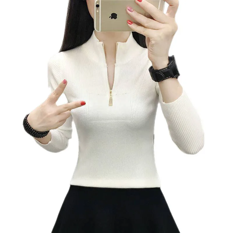 

Bottoming Female Inner Long-sleeved Autumn Winter 2022 New Ladies Zipper Top Fashion Women Short Slim Knitted Sweater OK1397
