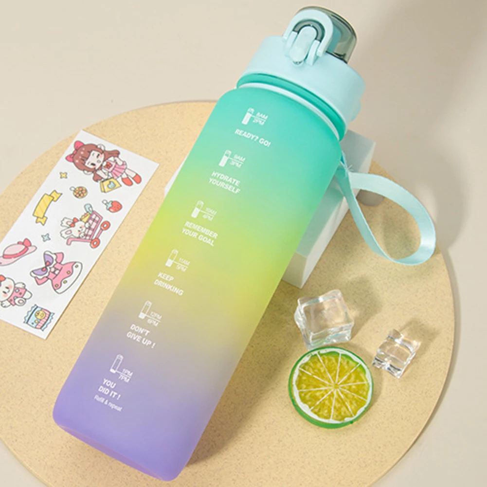 1000ml Bike Kettle Gradient Color Bike Water Bottle with Time Marker Flip Top Durable Large Capacity for Girl Outdoor Camping