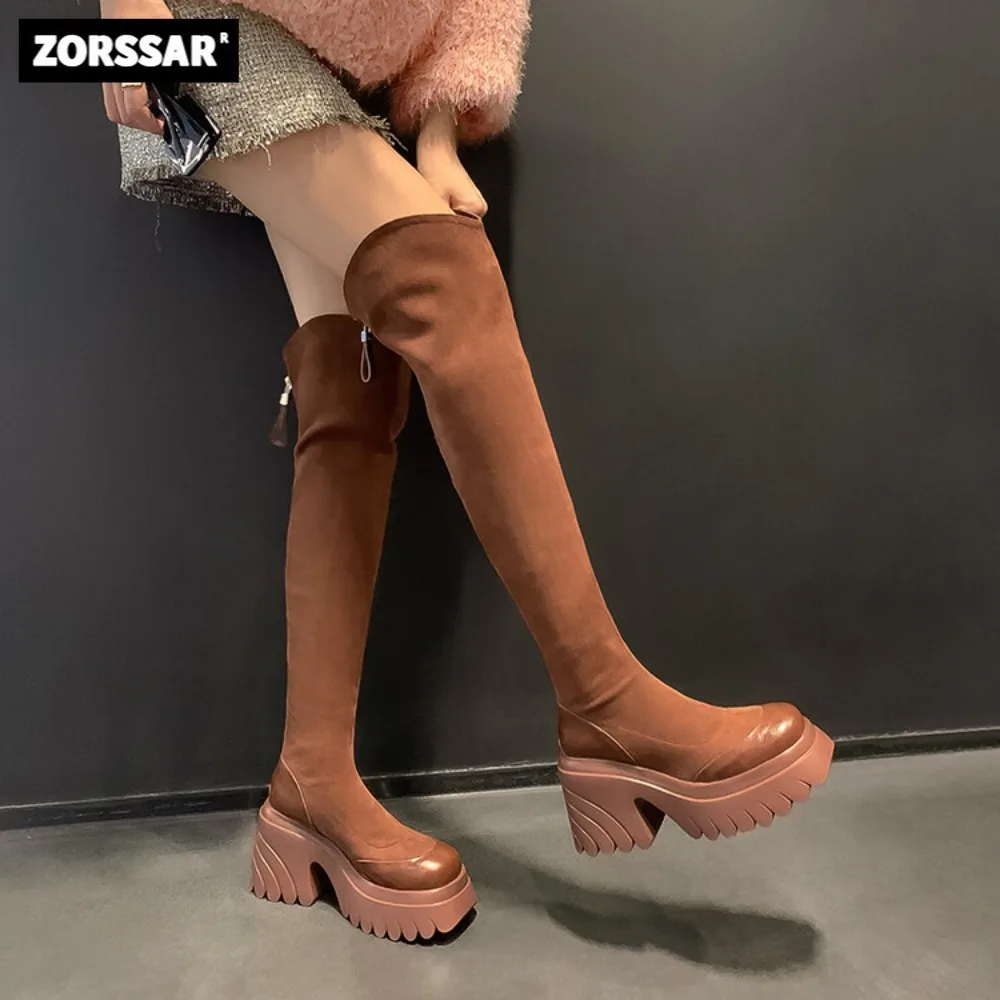 

2023 New INS Stretch Fabrics Over The Knee Boots High Heels Round Toe Women Shoes Autumn Winter Casual Long Boots Elastic Boots