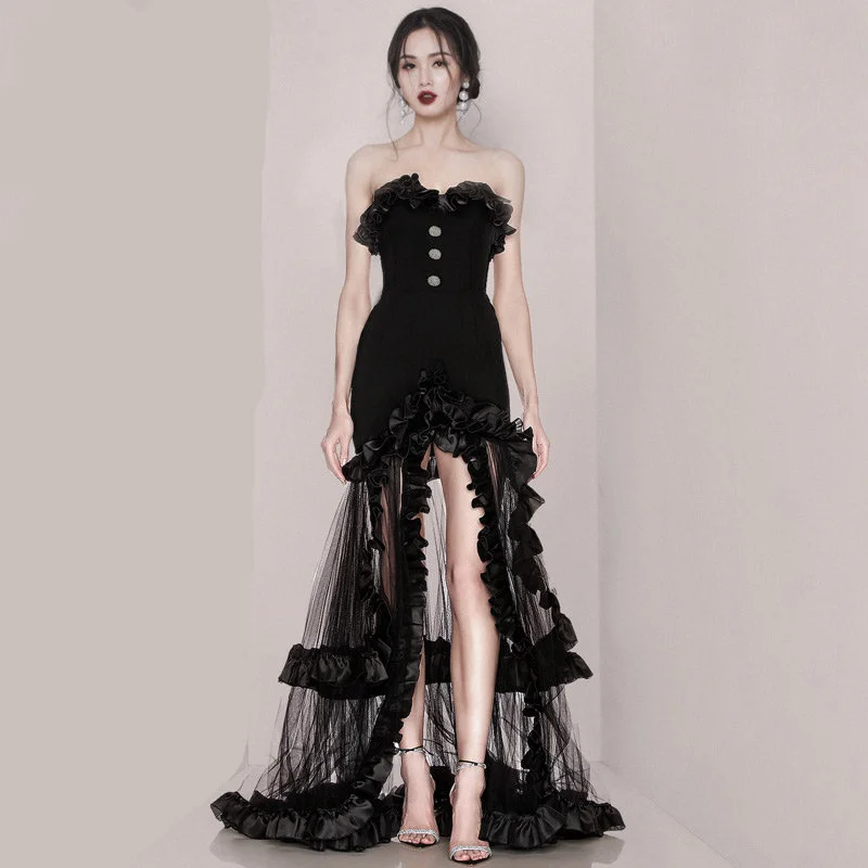 

Black Dress Women's Banquet 2023 Luxury Feeling Temperament Long Dress with Bra Top End Sexy Birthday Hepburn Style Dress