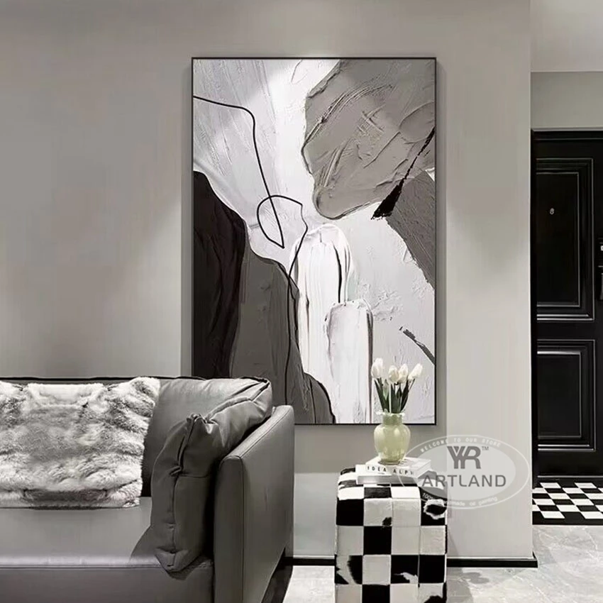 

Black White Gray Color Matching Nordic Modern Handmade Oil Painting Home Decoration Bedroom Dining Room Living Room Sofa Mural