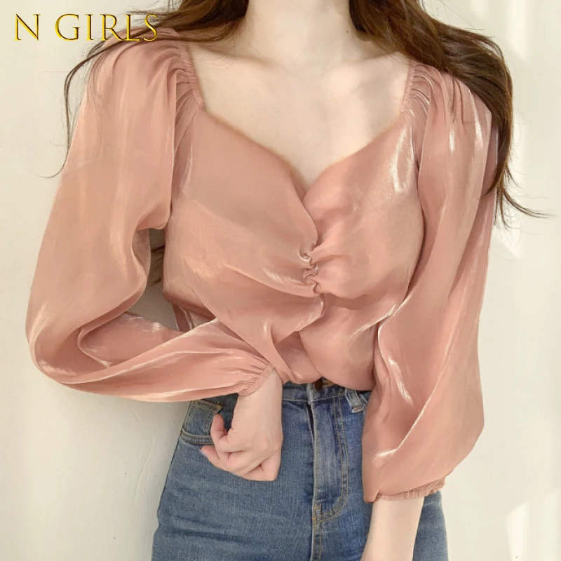 

N GIRLS Solid Glossy V Pleated Puff Sleeve Women's Chiffon Shirts Slim Elegant Blusas Mujer De Moda Korean Lady Tops 2022 New