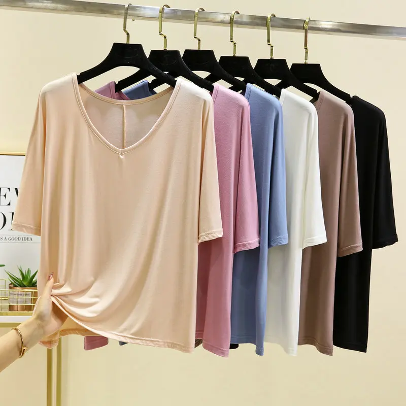 

Summer Korean Fashion Clothing Newest Product Loose Women Modal T-shirt Thin V-neck Short Sleeve Undercoat Casual Home Tops