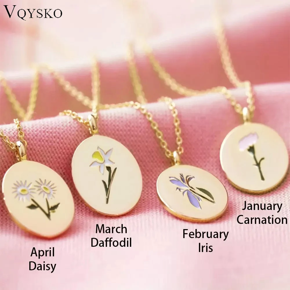 

VQYSKO Birth Flower Oval Necklace By Caitlyn Minimalist Engraved Floral Pendant Personalized Birth Flower Jewelry Mom Gift