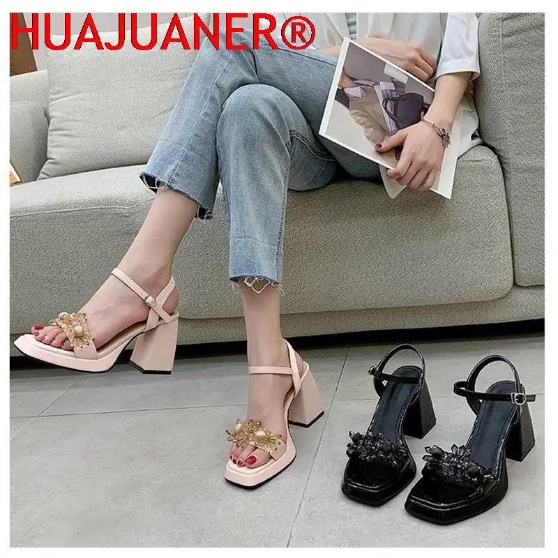 

Стразы, сандалии на массивной платформе с цветами, женские летние сандалии с ремешком на щиколотке и квадратным носком, женские сандалии на ...