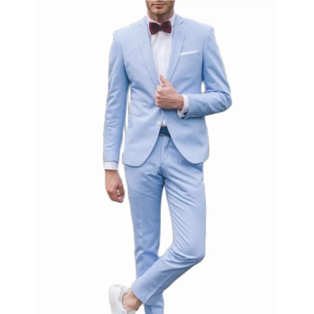 Blazer Sets Casual Fashion Luxurious Business Men Suits for Wedding Tuxedos Slim Fit Peak Lapel Sky Blue Men Suits(Jacket+Pants)
